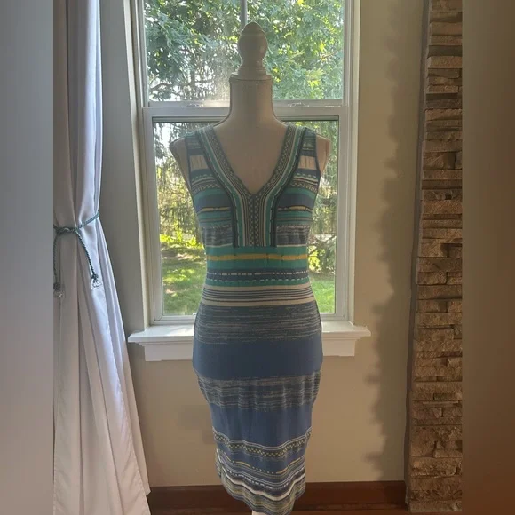 Venus Striped Blue,Teal & Yellow Knit Midi Dress Sz. Small-Good Condition🩵💛 - Picture 1 of 4